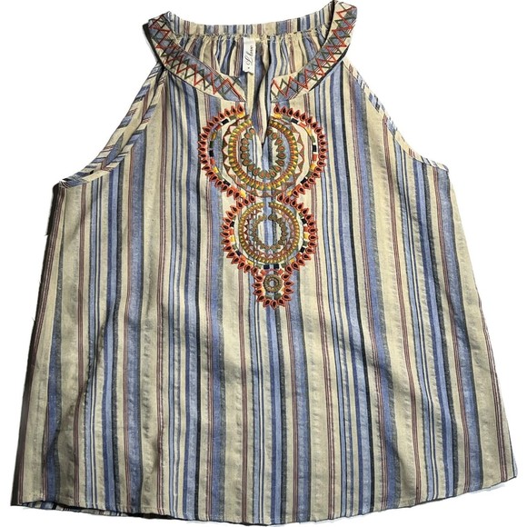 L Love Boutique Striped Colorful Embroidered Sleeveless Halter Tank Womans Sz M - Picture 1 of 5